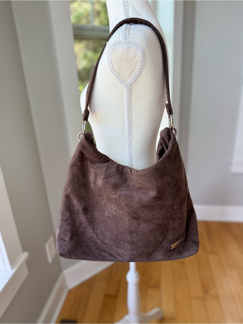 Bella Russo Taupe Brown Faux Suede Hobo Shoulder Bag Silver Accents